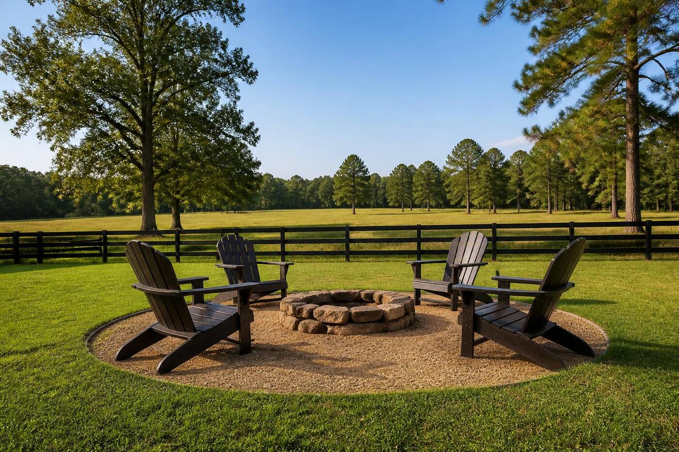 Adirondack chairs around a stone fire ring overlooking a meadow