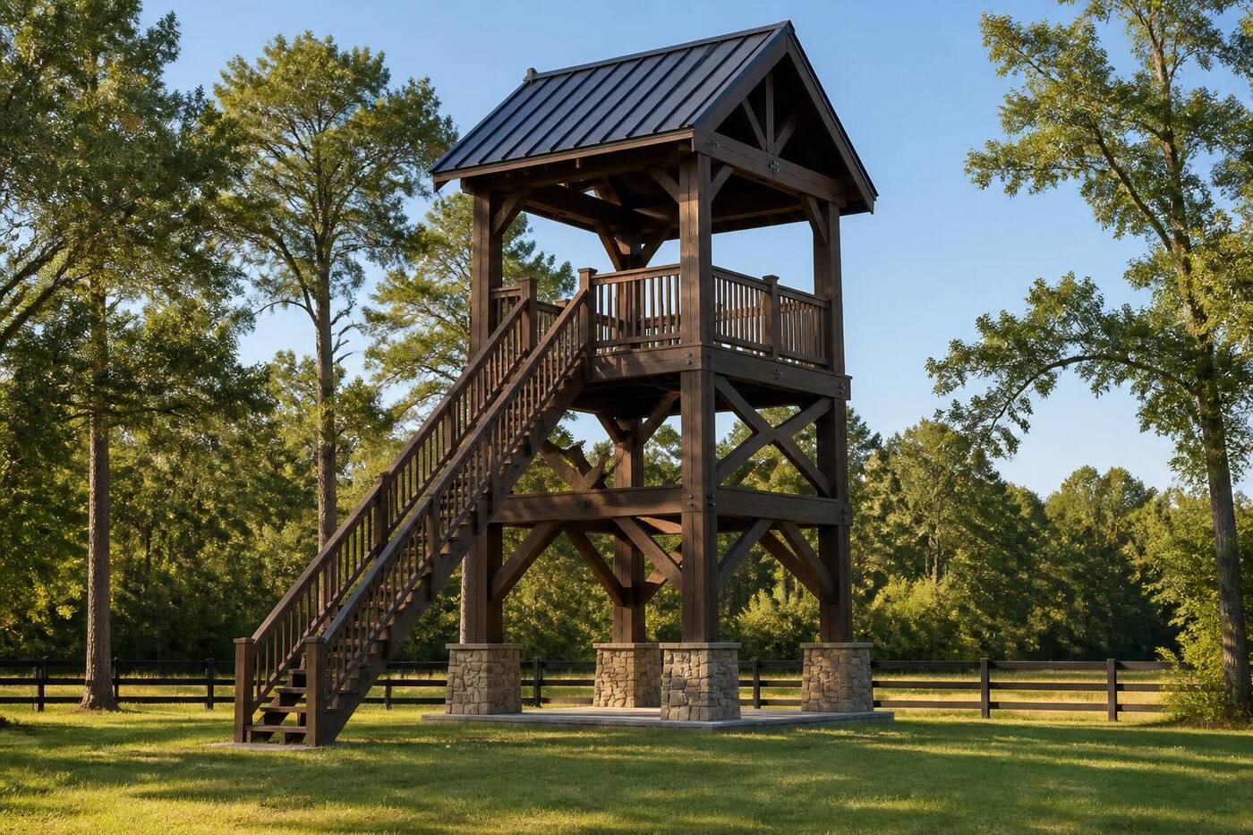 Tall timber wildlife lookout tower among mature trees