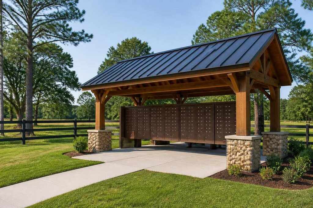 Covered timber mail center with secure parcel boxes